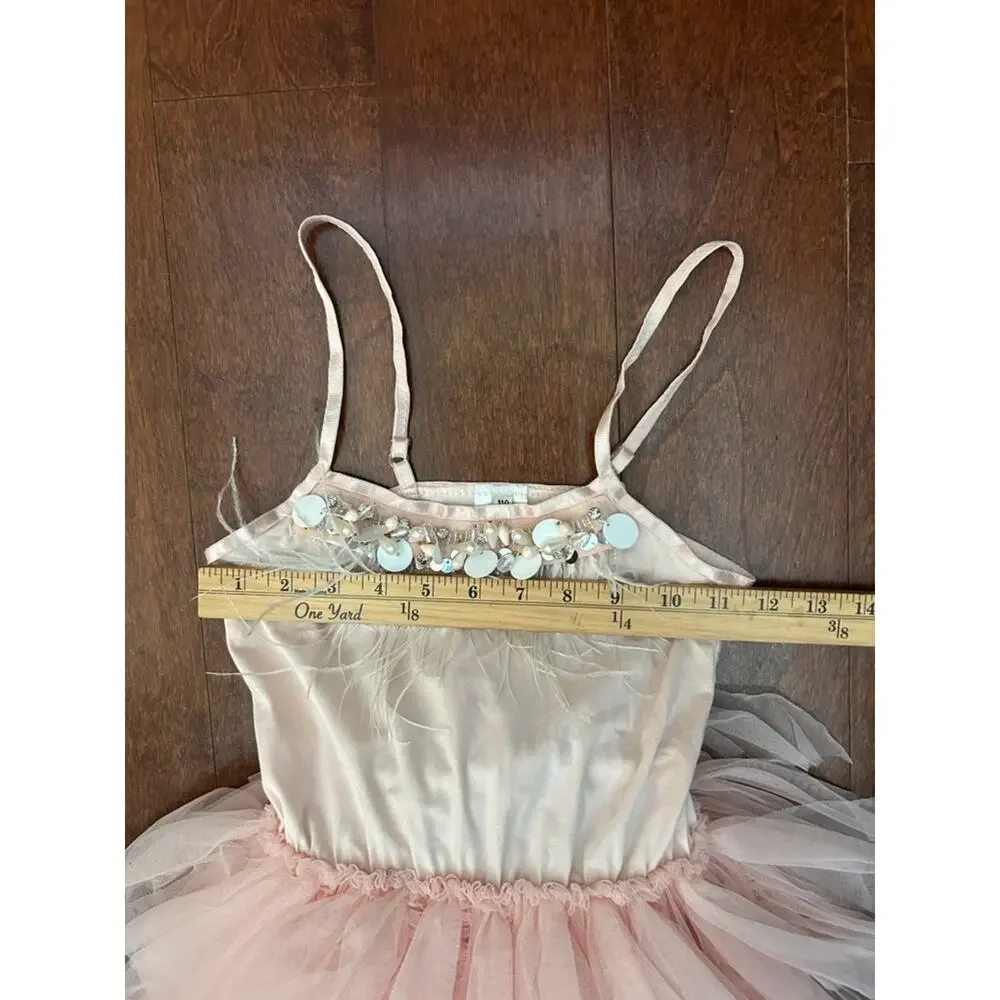 Blush Pink Tulle Ballet Costume Dress with Feather & Sequin Trim, Size 4/5